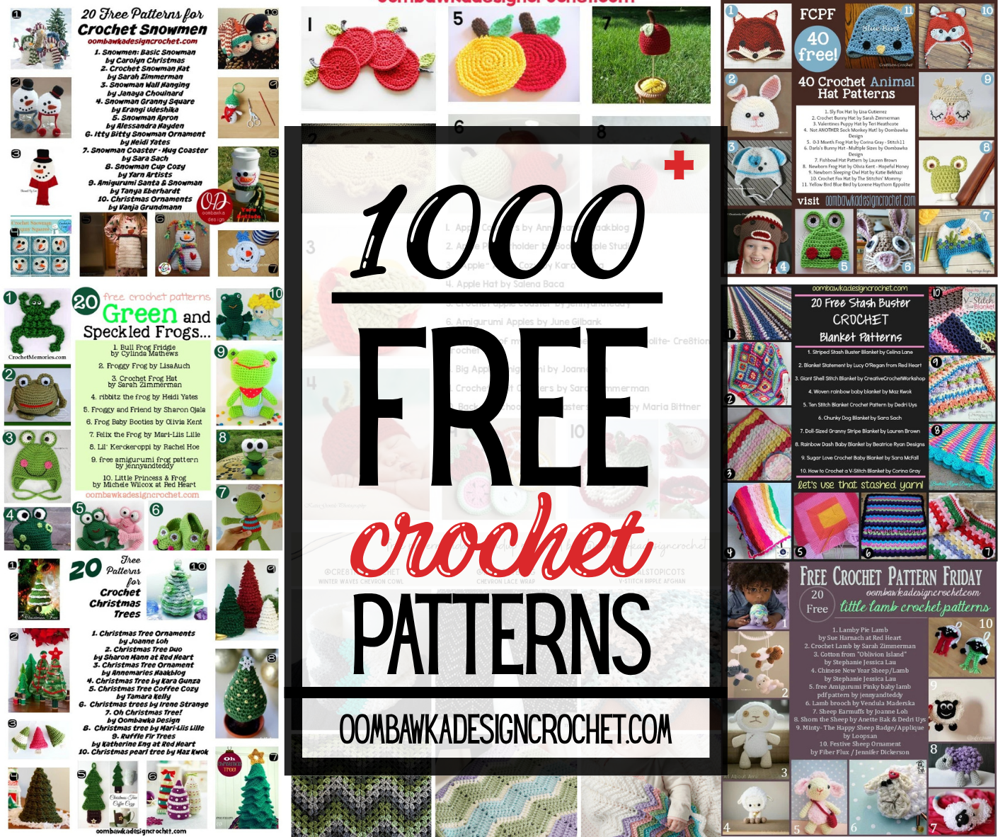 Collage preview of 1000 free crochet pattern roundups with printable PDF options by Oombawka Design Crochet