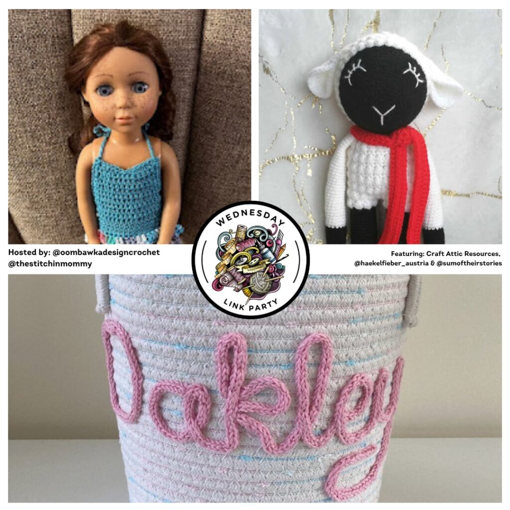 Try these 3 free crochet patterns this week: personalize a rope basket, crochet Charlotte the Sheep, or stitch a Glitter Girl swimsuit. #freecrochetpattern #crochet #crochetlove #amigurumi #dollclothes #crochetbasket #crochetdecor #crochettoys