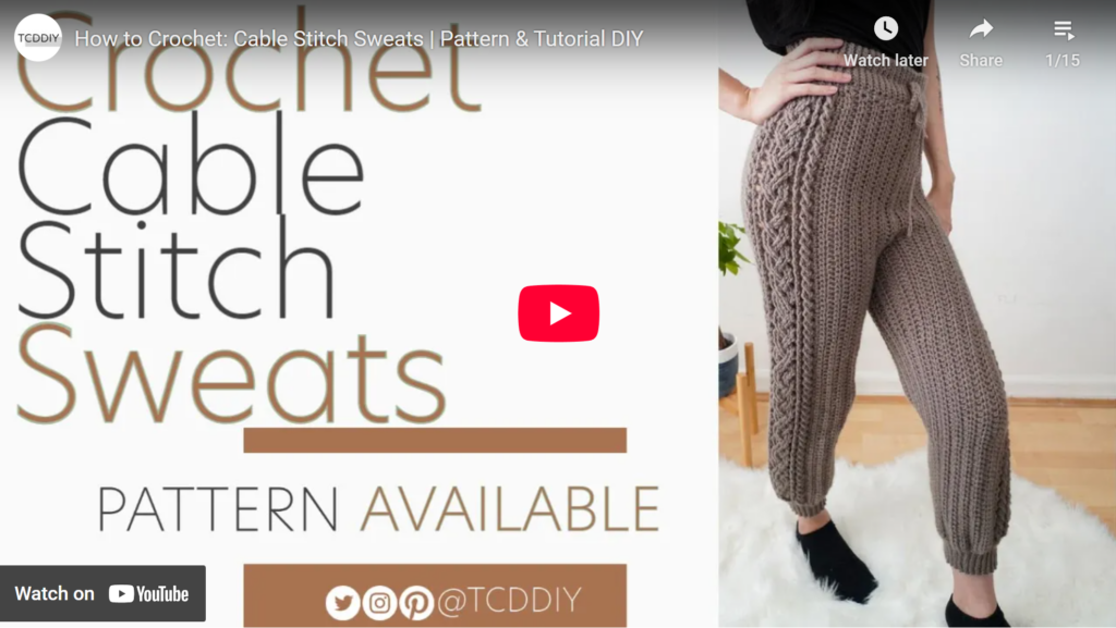 TCDDIY on YouTube has a collection of 15 different crochet pants video tutorials available. Each free video pattern is also available to purchase. I've included the links to some of the for sale patterns and the link to the collection of free crochet pants video tutorials below.